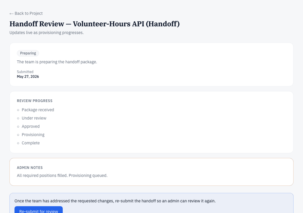 The handoff page streaming provisioning progress after admin approval.