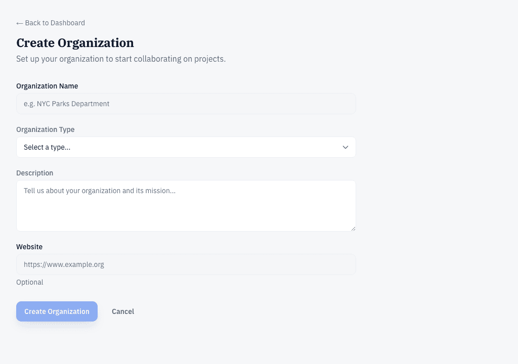 The Create Organization form: organization name, type, description, and optional website.