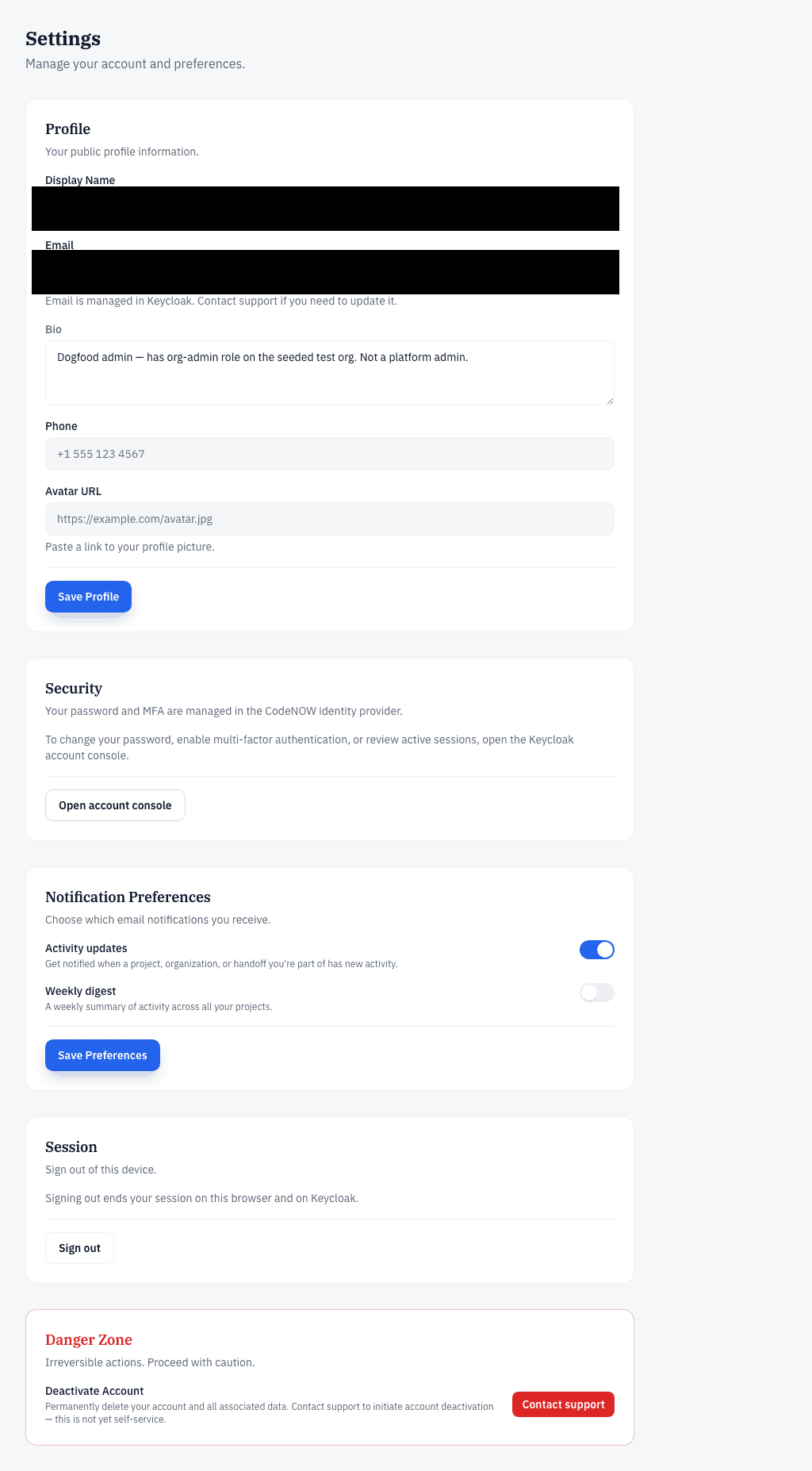 The account Settings page: profile fields (display name, email, bio, avatar), security via the account console, notification preferences, and sign-out.
