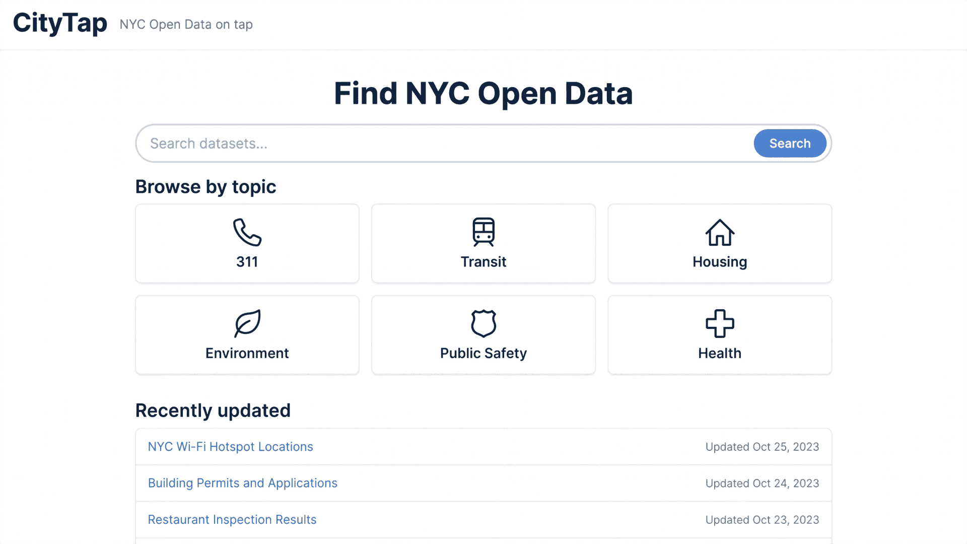 CityTap dataset search — NYC Open Data datasets by topic, each with the date it was last updated