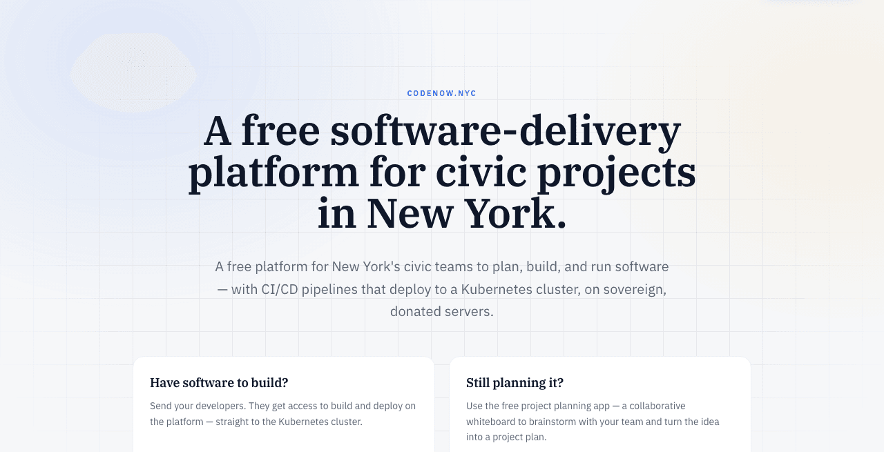 CodeNOW NYC homepage — a free software-delivery platform for civic projects in New York